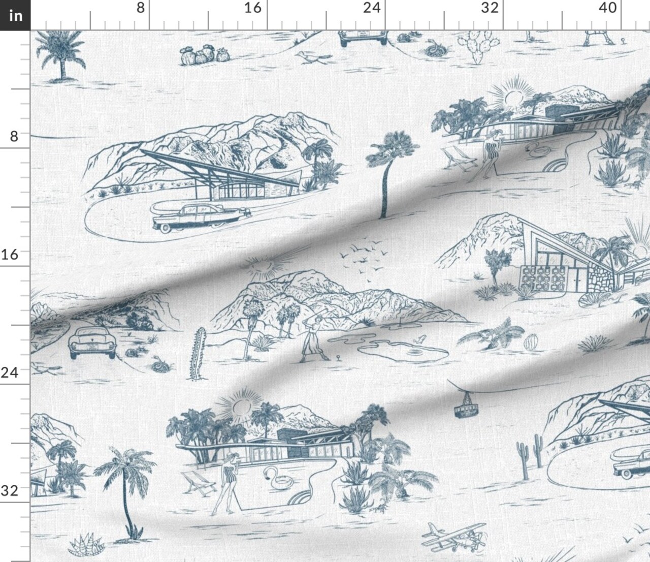 Mid Century Retro Summer Mcm Palm Springs Toile Road Trip Americana Desert Sun Home Trees Cactus Beverly Hills Modern Vintage Blue Faux Texture Custom Printed Fabric by Spoonflower Various Fabrics by the Yard or Fat Quarter